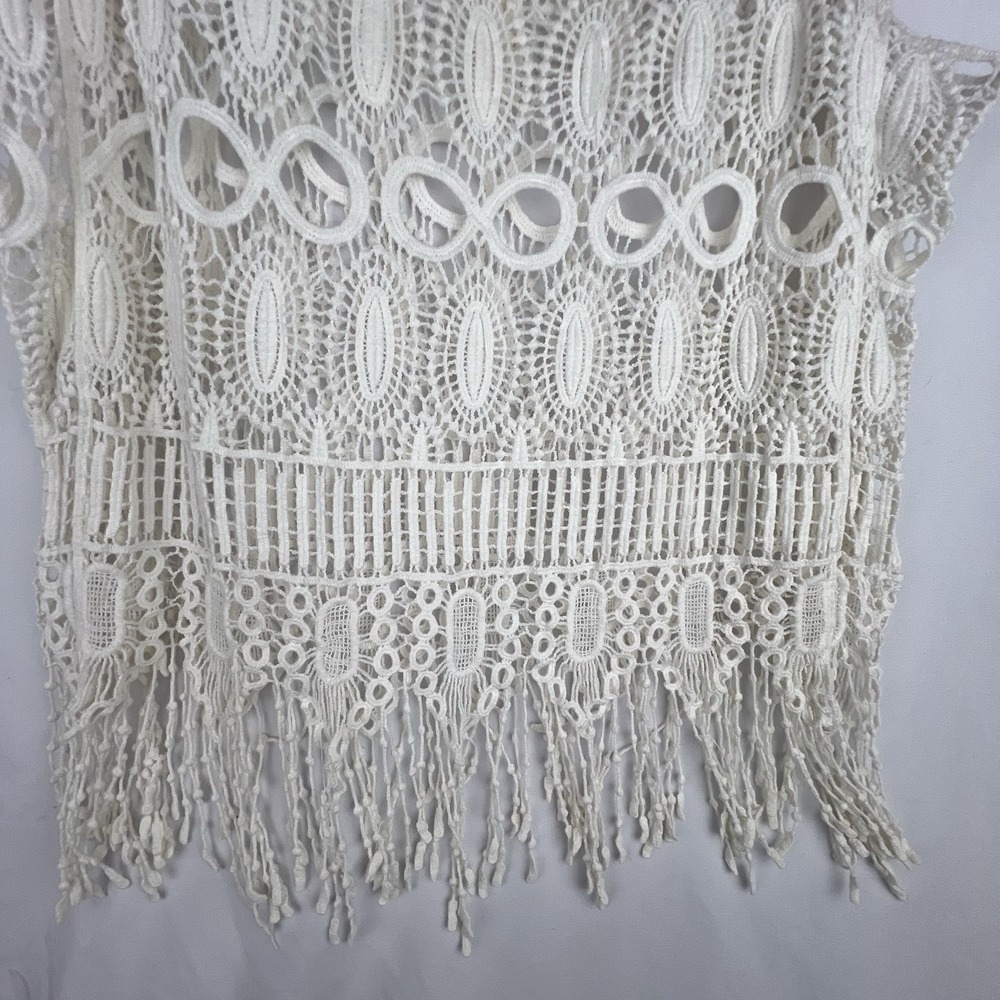 White Crochet Lace Fringe Boho Festival Tank Top 100% Cotton Large Coastal Boho - Picture 4 of 8